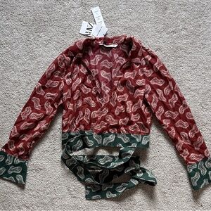 Zara Burgundy and Forest Green Patterned Blouse